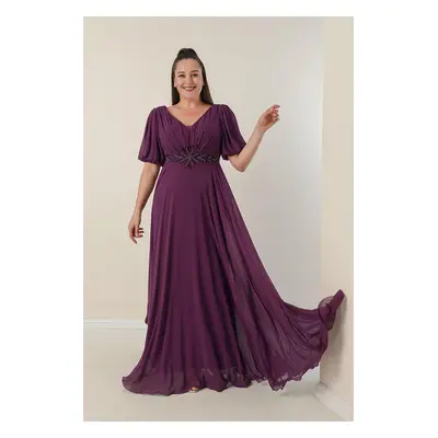 By Saygı Plus size hosszú sifon ruha elöl hátul V-nyak gyöngyös derék és elöl draped bélelt