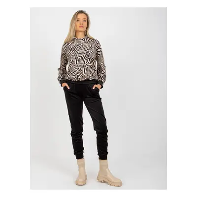 Beige-black velour set with RUE PARIS leopard pattern sweatshirt