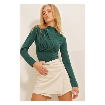 Trend Alaçatı Stili Women's Green Stand Up Collar Draped Sandy Bodysuit