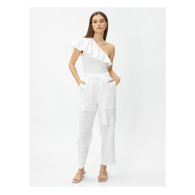 Koton Crop Embroidery Trousers with Belt Detail