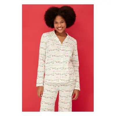 Trendyol Off-White 100% Cotton Christmas Themed Shirt-Pants and Knitted Pajamas Set