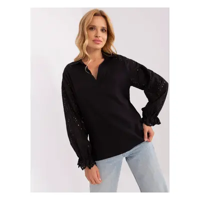 Black shirt blouse with openwork sleeves