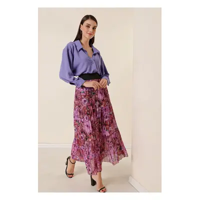 By Saygı Wide Waist, Elastic Lined Chrysanthemum Pattern Tri-Pleat Skirt Purple