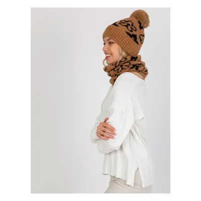 Women's camel and black winter hat with patterns