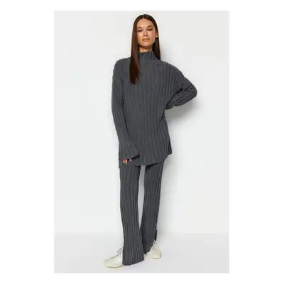 Trendyol Anthracite Corded Trousers Slit Detailed Knitwear Bottom-Top Set