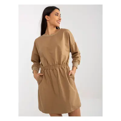 Camel Mini Hoodie Dress With Elastic Waist