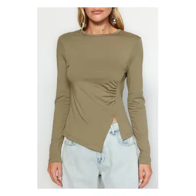 Trendyol Khaki Single Slit Detailed Cotton Gathered Crew Neck Knitted Blouse