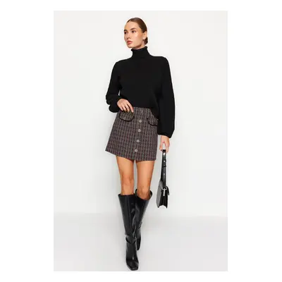 Trendyol Checkered Mini Woven Mini Skirt with Pocket and Button Detail in Brown Tweed