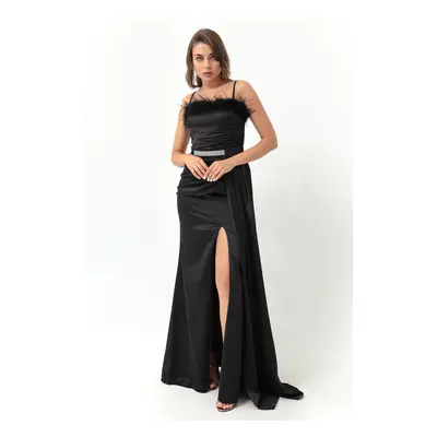 Lafaba Women's Black Long Satin Evening Dress with Rope Straps and Stones and a Belt