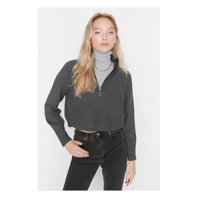 Trendyol Anthracite Crop Zippered Stand Collar Basic Knitwear Sweater