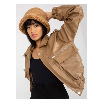 Dark beige short eco-leather jacket with pockets