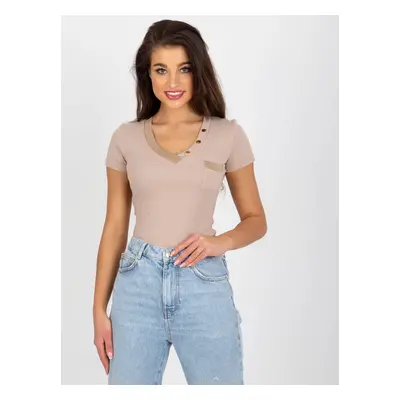 Dark beige ribbed blouse with short sleeves