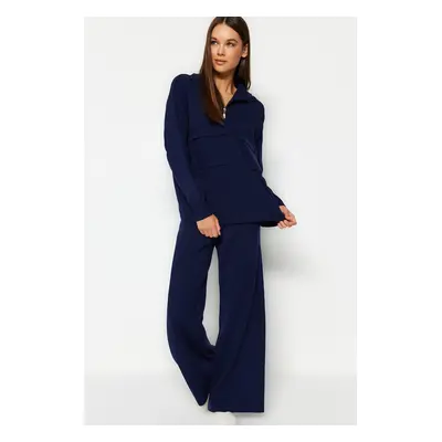 Trendyol Navy Blue Wide Fit Zippered and Pocketed Knitwear Bottom-Top Set