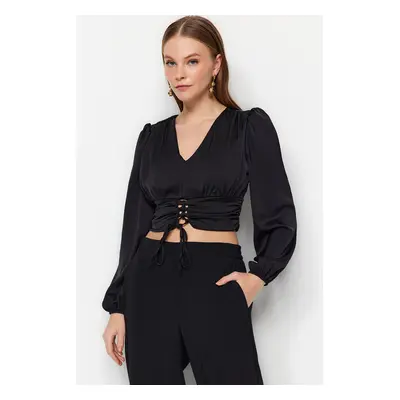 Trendyol Black Tie Detailed Satin Woven Blouse