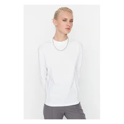 Trendyol White 100% Cotton Ribbed Detailed Stand Collar Basic Knitted T-Shirt