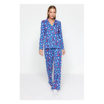 Trendyol Blue 100% Cotton Christmas Themed Knitted Pajama Set