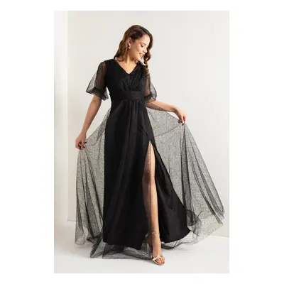 Lafaba Women's Black Balloon Sleeve Silvery Long Evening Dress