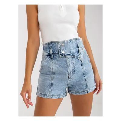 Women's blue denim shorts with high waist and faded effect