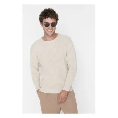 Trendyol Beige Oversize Fit Couple Wide Pattern Crew Neck Basic Knitwear Sweater