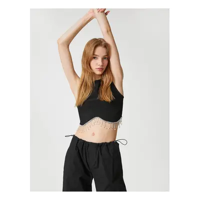 Koton Crop Athlete Dangling Shiny Stone Detailed Crew Neck