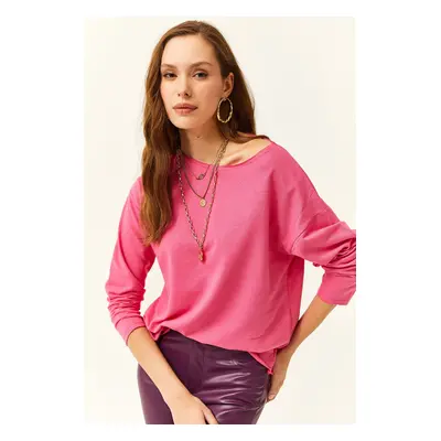 Olalook Women's Fuchsia Crew Neck Printed Soft Textured Thin Sweatshirt