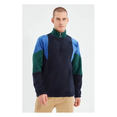 Trendyol Navy Blue Men's Regular/Normal Cut Zippered Stand Collar Color Block Fleece Sweatshirt