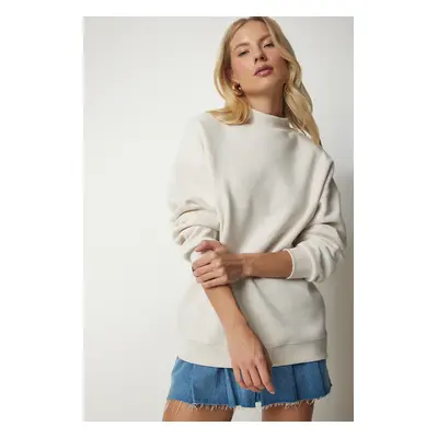 Happiness İstanbul Women's Beige High Neck Basic Raised Sweatshirt