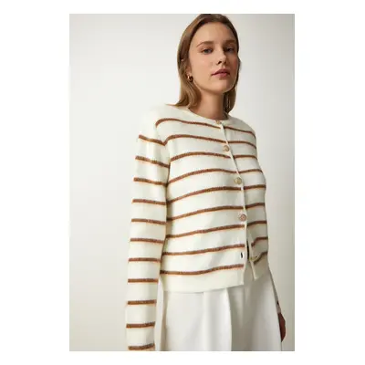 Happiness İstanbul Women's Bone Brown Stylish Buttoned Striped Knitwear Cardigan