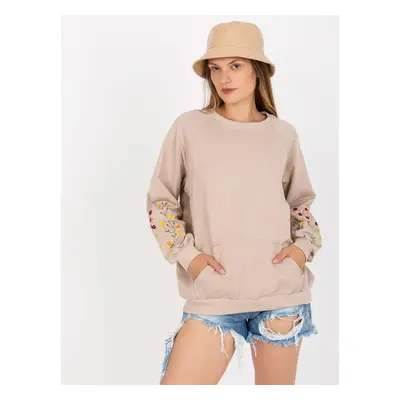 Beige sweatshirt RUE PARIS without hood with embroidery on the sleeves