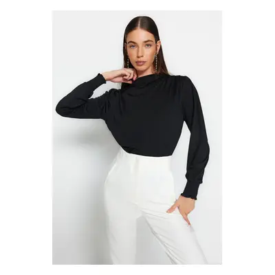 Trendyol Black High Collar Regular Fit Gipe Detailed Flexible Knitted Blouse