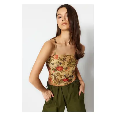 Trendyol Multi-Colored Floral Print Fitted/Sleezy Tulle Knit Blouse with Straps and Crop lining