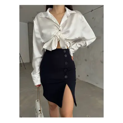 BİKELİFE Women's Navy Blue High Waist Button Detailed Lycra Flexible Skirt