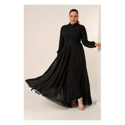 By Saygı Beaded Embroidered Lined Plus Size Long Chiffon Dress with Flounce on the Front