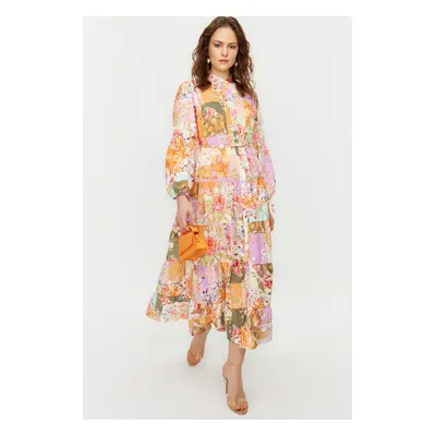 Trendyol Multicolored Floral Patterned Linen Look Woven Dress with Belt Detail