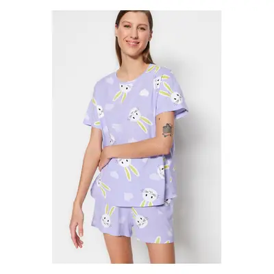 Trendyol Lilac 100% Cotton Heart Rabbit Patterned Tshirt-Shorts Knitted Pajama Set