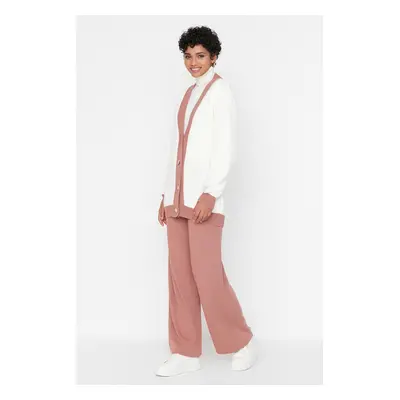 Trendyol Dried Rose Stripe Detailed Cardigan-Pants Knitwear Set