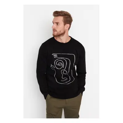 Trendyol Black Men's Slim Fit Crew Neck Face Figure Detail Knitwear Sweater