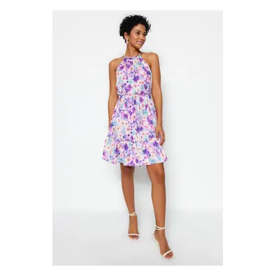 Trendyol Purple Floral Halter Neck A-line Tie Detailed Mini Woven Dress