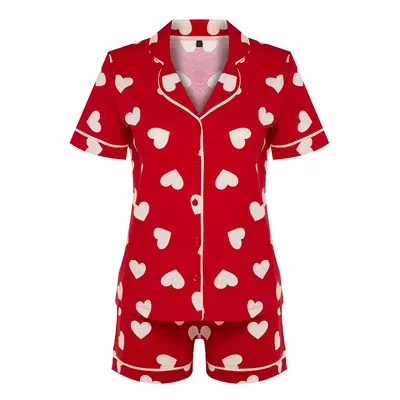 Trendyol Red 100% Cotton Heart Patterned Piping Detailed Shirt-Shorts Knitted Pajama Set