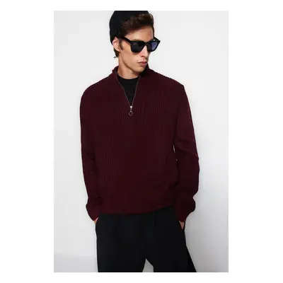 Trendyol Claret Red Casual Regular Fit Half Turtleneck Zippered Collar Sweater