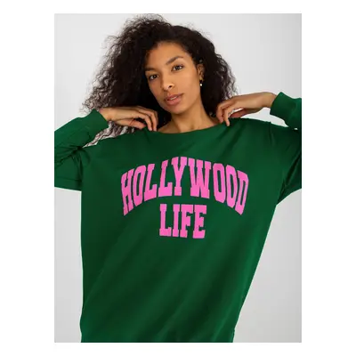 Dark green and pink oversize long sweatshirt with slogan