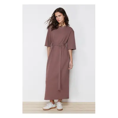 Trendyol Brown Half Sleeve Belted Knitted Dress