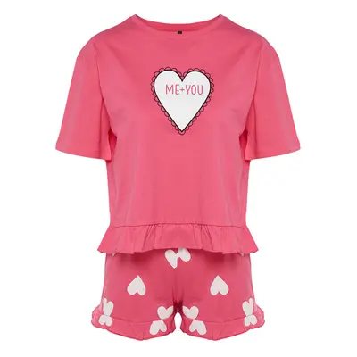 Trendyol Pink 100% Cotton Heart Patterned Ruffle Detailed T-Shirt-Shorts Knitted Pajama Set