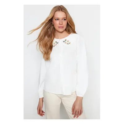 Trendyol Ecru Collar Embroidery Detailed Cotton Regular Fit Woven Shirt