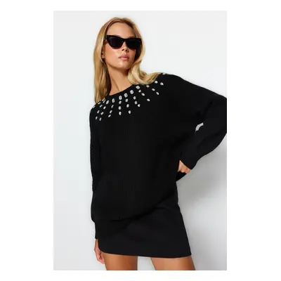 Trendyol Black Soft Textured Stone Detailed Knitwear Sweater