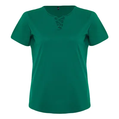 Trendyol Curve Green Collar Detailed Boyfriend Fit 100% Cotton Knitted Plus Size T-Shirt