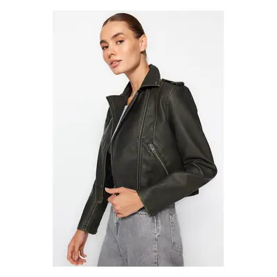 Trendyol Anthracite Aged Detailed Faux Leather Biker Jacket Coat