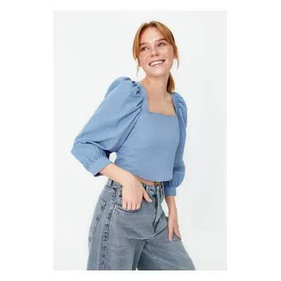 Trendyol Blue Balloon Sleeve Square Neck Woven Blouse