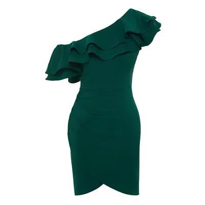 Trendyol Emerald Green Single Sleeve Ruffled Woven Short Elegant Evening Dress