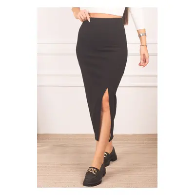 armonika Women's Black Front Slit Elastic Waist Knee-length Pencil Skirt